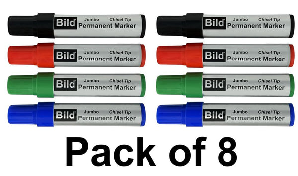 Bild Jumbo Permanent Markers - 8 pack - 2 each of Black, Red, Green, Blue - Chisel tip - XL size - tip with 3 shapes